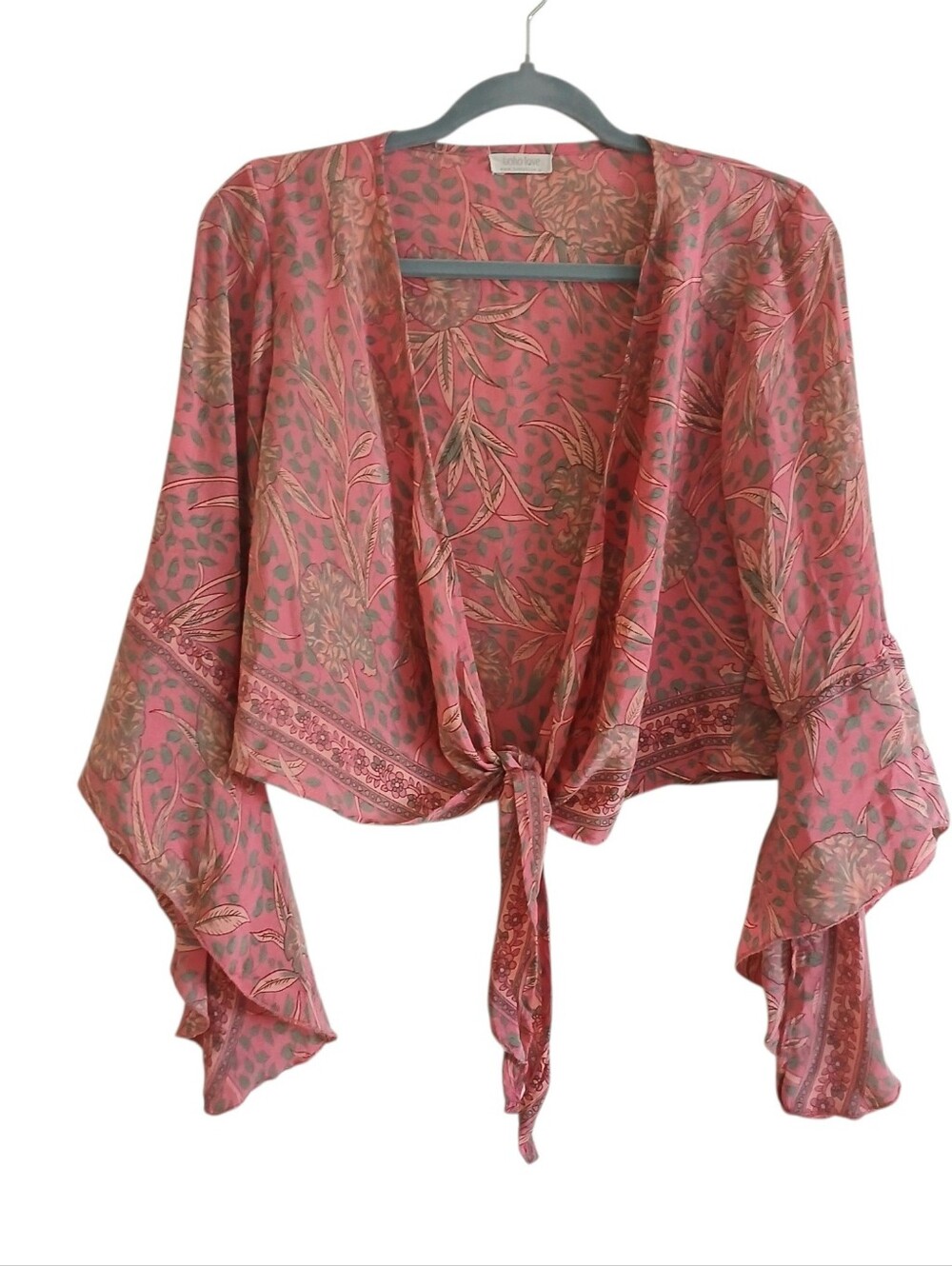 BOHO LOVE Silk Blend Bell Sleeve Tie Front Top Women's M/L Pink Ginko Floral